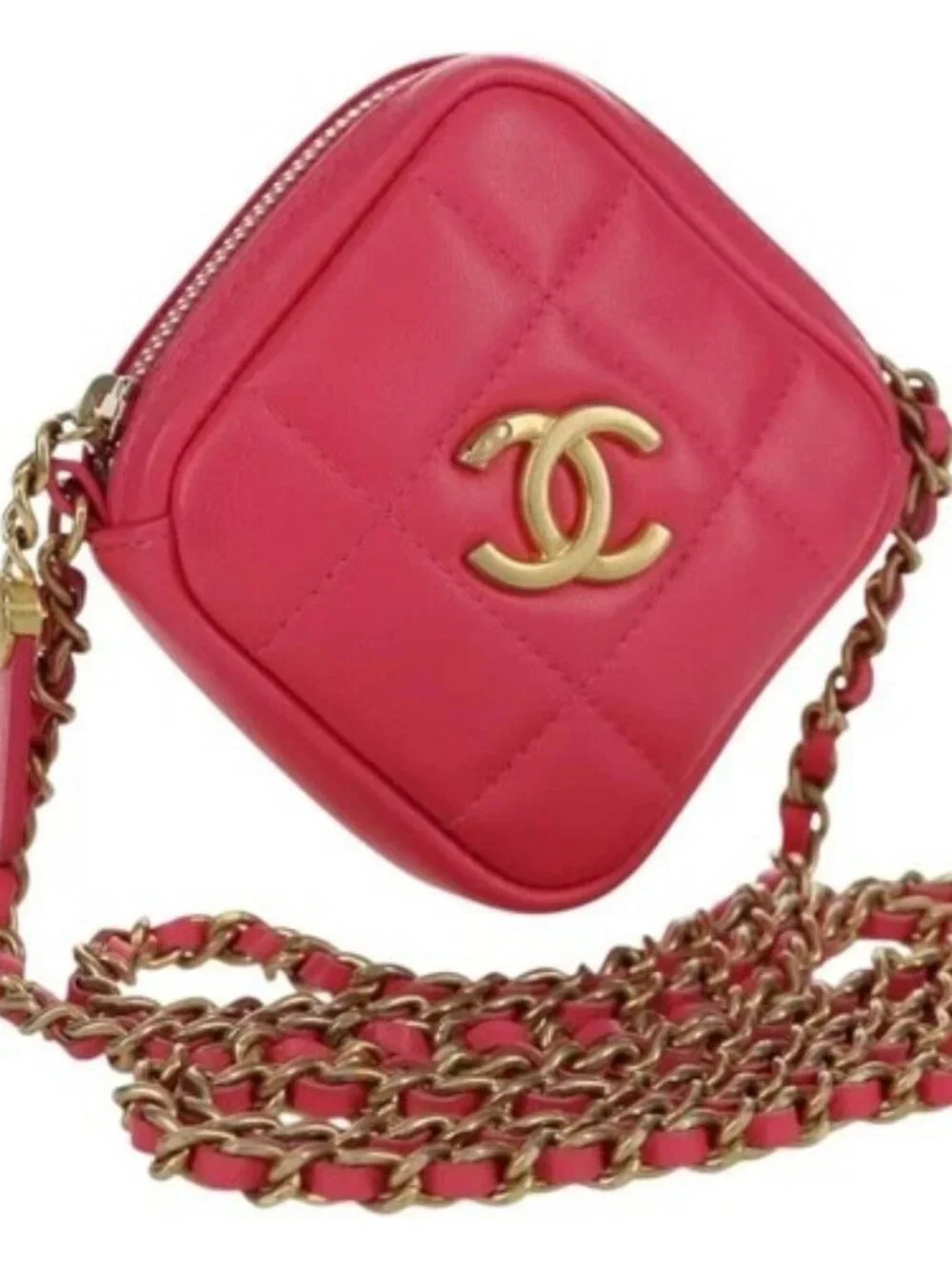 CHANEL Choco Bar Chain Shoulder Pouch Lamb Skin Pink Gold CC Auth LNZ440SAM